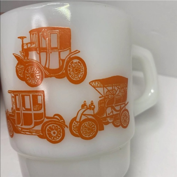 Vintage Fire King Milk Glass Coffee Mug Cup Orange Antique Cars Automobiles - Picture 9 of 12